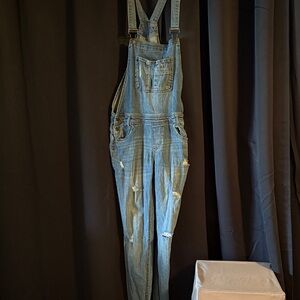 Almost Famous Distressed Light Blue Denim Overalls Jumpsuit